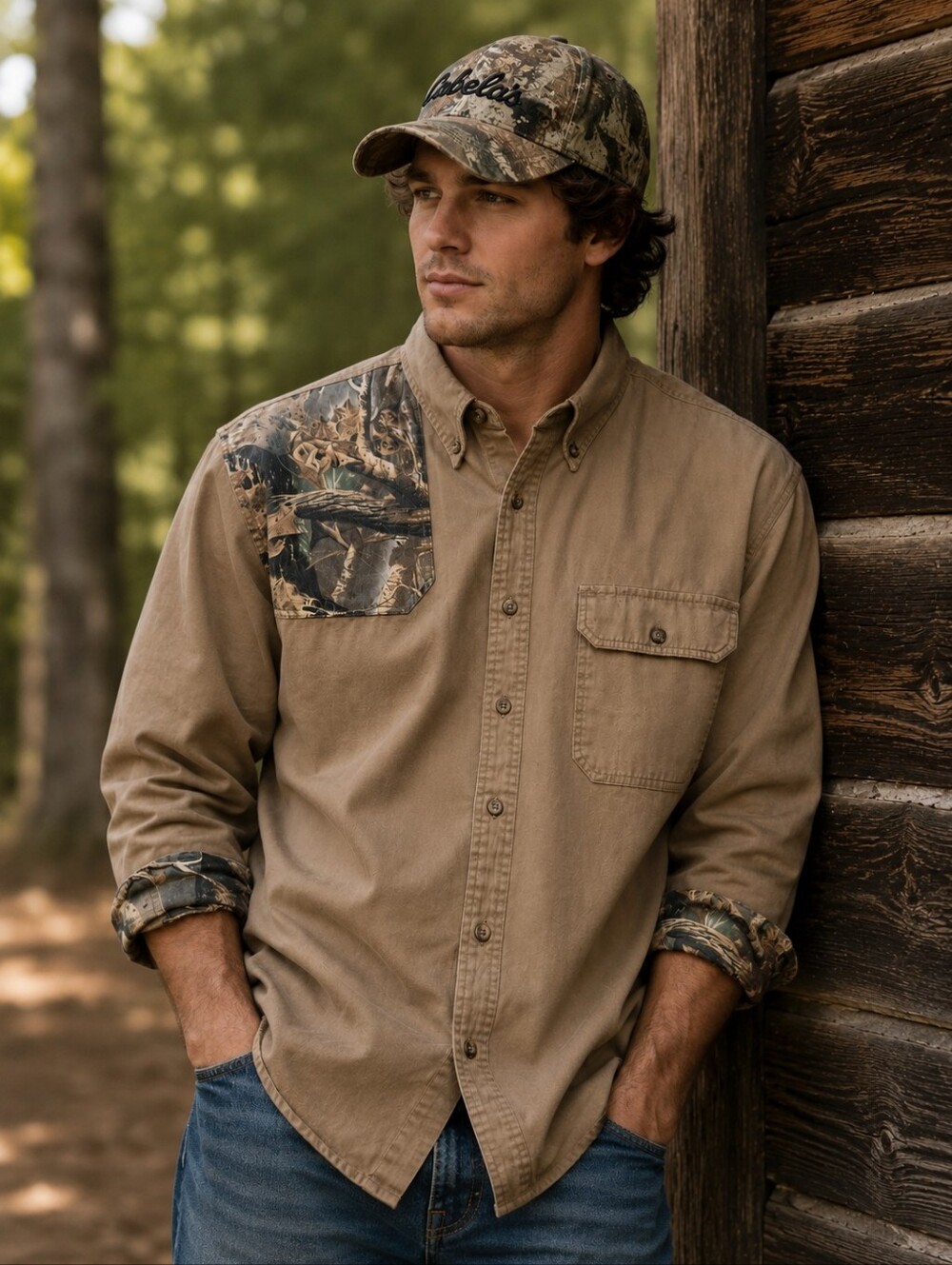 VTG Cabela’s Camo Shirt XL & Hat Set Hunting Outdoor Cotton Tan Mens Combo